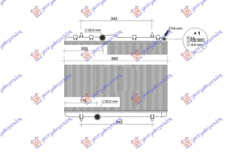 Radiator 1.6-2.0 HDI dizel +/- A/C manual (380x549) (NRF)