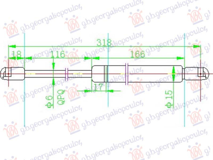 Piston me gaz për xhamin e pasmë (315L-160N)