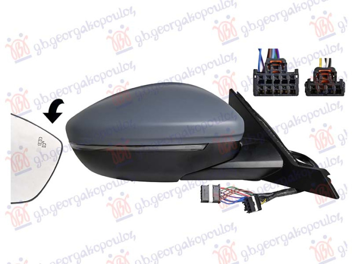 Pasqyr dere me ngrohje dhe palosje elektrike gati për ngjyrosje (me dritë anësore : me dritë poshtë derës : sensor : këndi i vdekur) (10H10P + 4H4P)(A cilësia) (i lakuar)