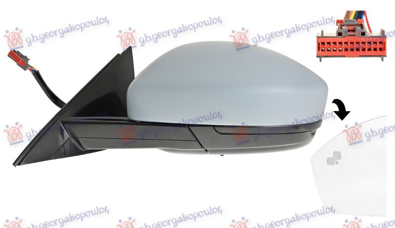 Pasqyr dere ngrohje dhe palosje elektrike gati për ngjyrosje me memorie. (Me kabllo për errësim automatik) (me drtë & me dritë posht pasqyrës & pika e vdekur & sensor) (18 PIN) (A cilësia) (xham I lakuar)