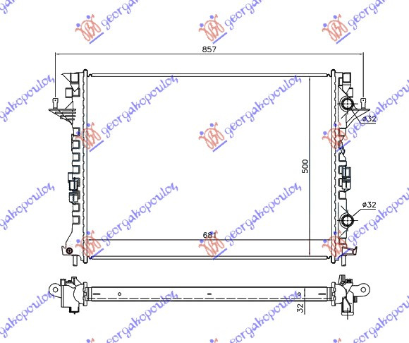 Radiator për motor 2.0 DCi (marsh manual/automatik)/2.2/3.0 DCi (marsh automatik) dizel (680x500x32)