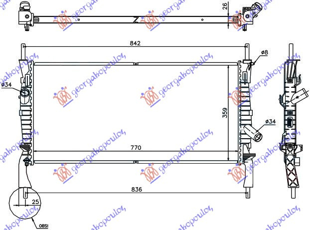 Radiator për motor 2,2-2,4TDCI-2,3i (me kondicioner) (76,8x38)