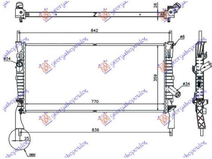 Radiator për motor 2,2-2,4TDCI-2,3i (me kondicioner) (76,8x38) (KOYO)