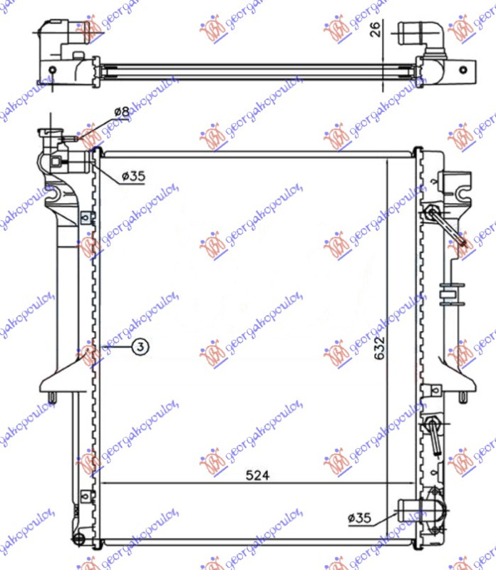 Radiator për motor 2.5 T.D (marsh automatik) (525x635x26)