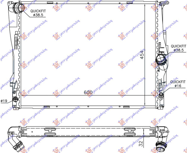 Radiator për motor të gjitha modelet benzinë (marsh manual - automatik) (600x460x32) 2 tuba