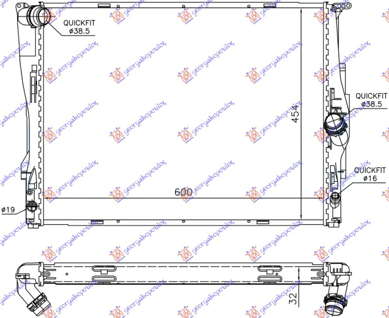 Radiator për motor të gjitha modelet benzinë (marsh manual - automatik) (600x460x32) 2 tuba