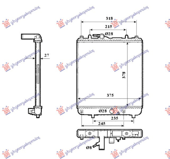 Radiator për motor 1.0i 12V - 1.2i 16V benzinë (marsh manual) (me/pa kondicioner) (375x358) 05-