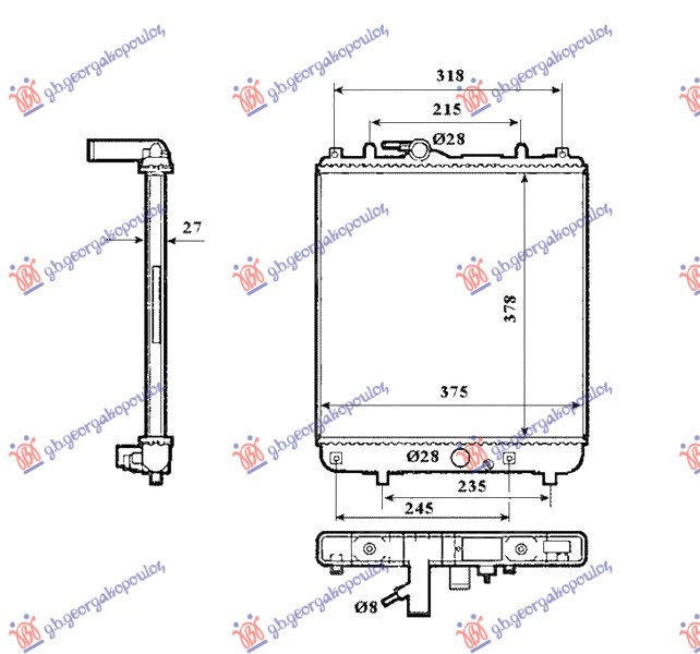Radiator për motor 1.0i 12V - 1.2i 16V benzinë (marsh manual) (me/pa kondicioner) (375x358) 05-