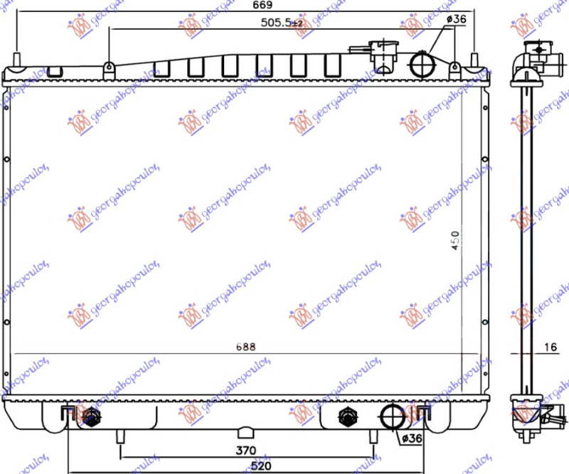 Radiator për motor benzinë 2.4i-16V (marsh manual/automatik) (45x68.6x1.6