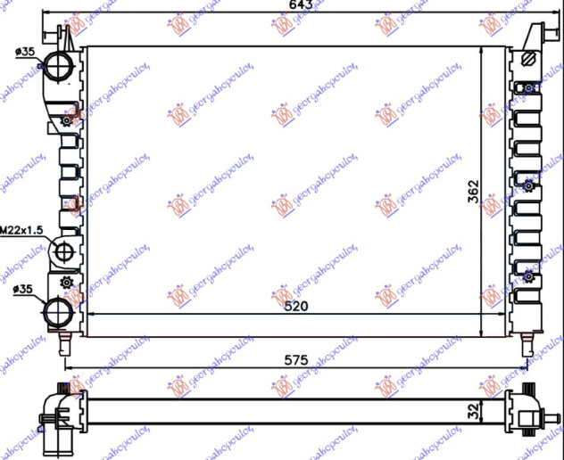 Radiator për motor 1,2 benzinë (52,2x37,2x32) -00