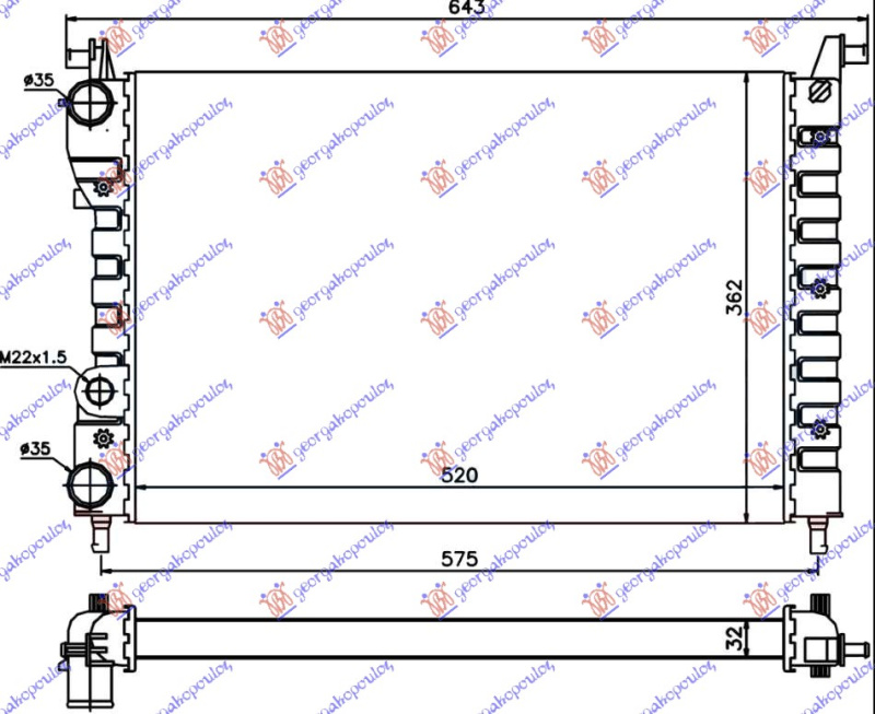 Radiator për motor 1,2 benzinë (52,2x37,2x32) -00