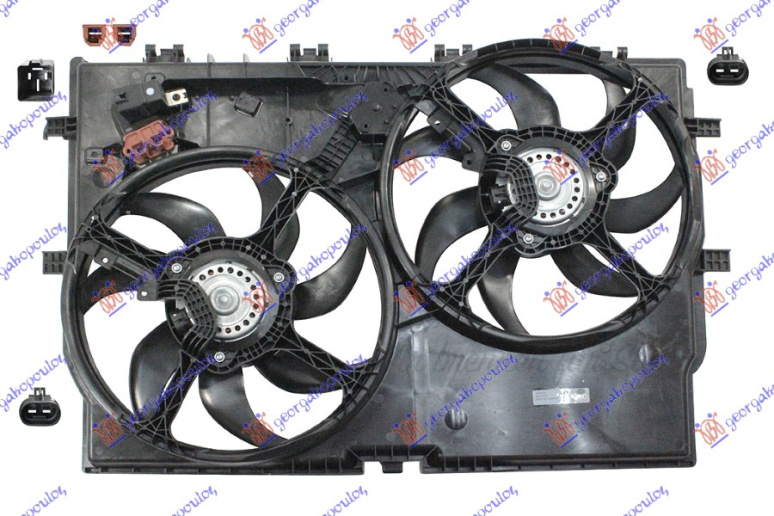 Ventilator komplet (dopio) 3.0 benzinë - 2.0-2.2-2.3-3.0 dizel pa kondicioner (390mm + 390mm) (2 + 2 pinë) (2 lidhës elektrike ovale)