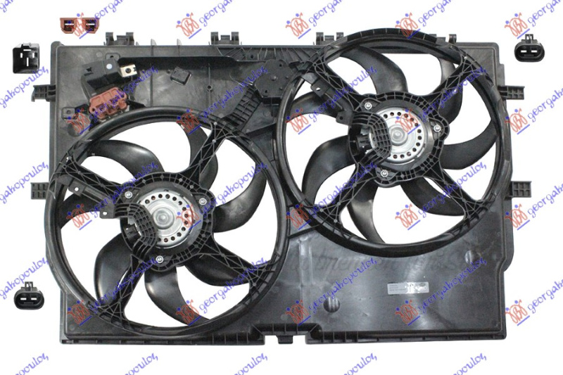 Ventilator komplet (dopio) 3.0 benzinë - 2.0-2.2-2.3-3.0 dizel pa kondicioner (390mm + 390mm) (2 + 2 pinë) (2 lidhës elektrike ovale)