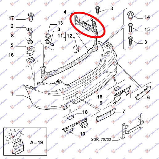 Kapëse/mbajtëse plastik e parakolpit të pasmë (Origjinal)