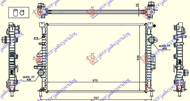 Radiator për motor për të gjithë modelet benzinë/dizel (marsh automatik) (670x449x26)