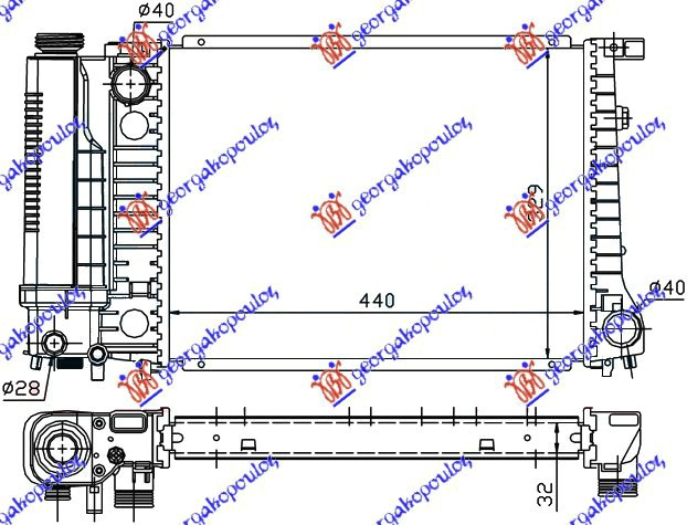 Radiator për motor të gjitha modelet benzinë (marsh manual) pa kondicioner (440x330x32) (MAHLE BEHR PREMIUM LINE)