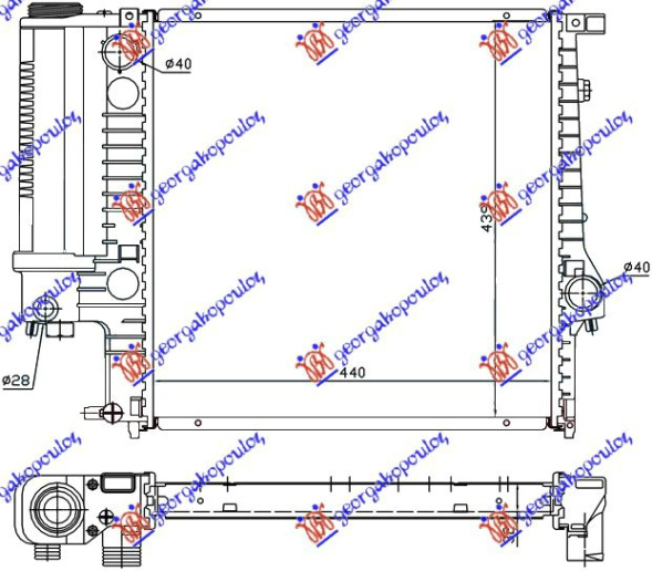 Radiator për motor të gjitha modelet benzinë (marsh manual) (me kondicioner) (440x440x32) (fletë metali) (MAHLE BEHR PREMIUM LINE)