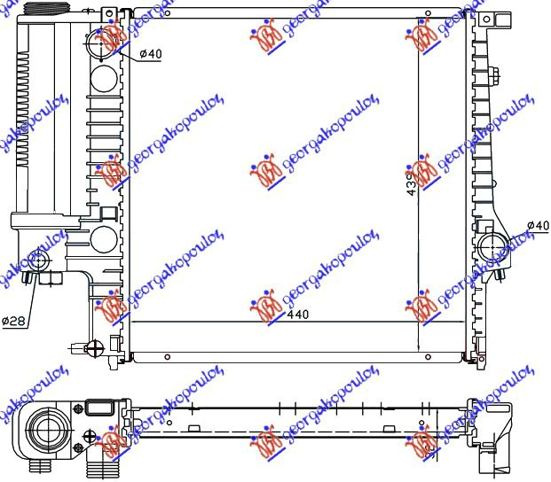 Radiator për motor të gjitha modelet benzinë (marsh manual) (me kondicioner) (440x440x32) (fletë metali) (MAHLE BEHR PREMIUM LINE)