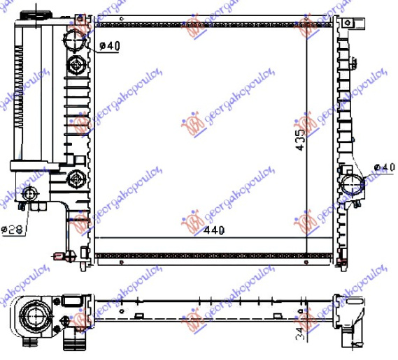 Radiator për motor të gjitha modelet benzinë (marsh automatik) (me/pa kondicioner) (440x440x32) (fletë metali) (MAHLE BEHR)