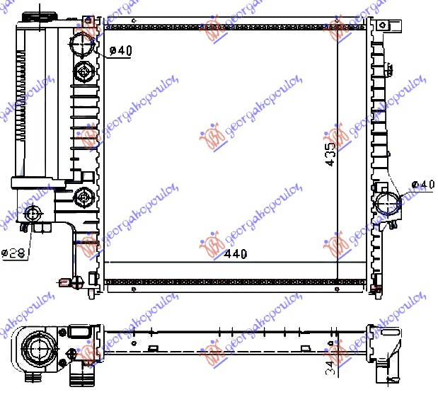 Radiator për motor të gjitha modelet benzinë (marsh automatik) (me/pa kondicioner) (440x440x32) (fletë metali) (MAHLE BEHR)
