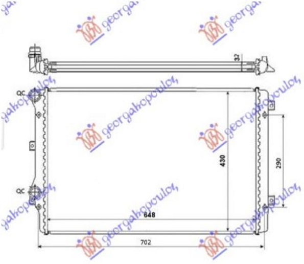 Radiator për motor 1.8 FSi benzinë (650x450x32) (fletë metali)