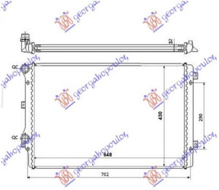 Radiator për motor 1.8 FSi benzinë (650x450x32) (fletë metali)