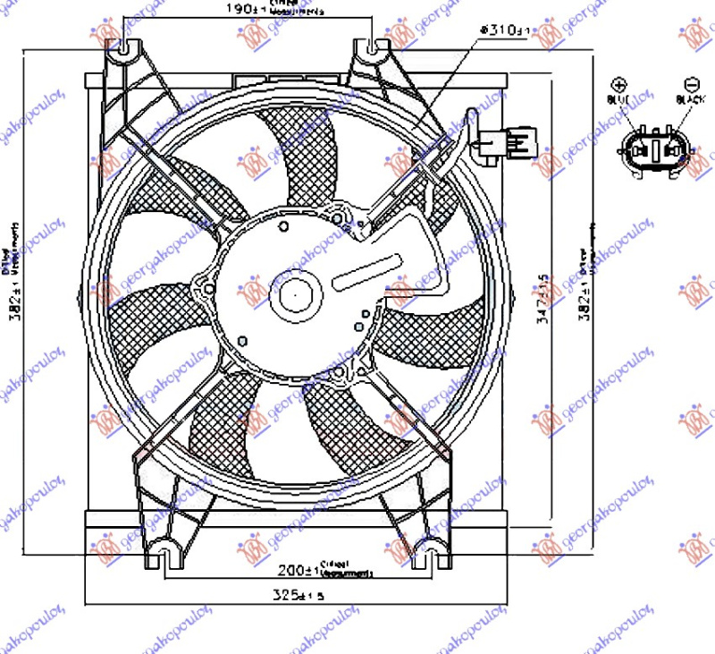 Ventilator për kondicioner komplet benzinë (310mm) (2 pinë)