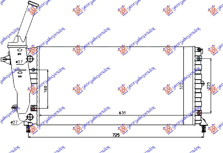 Radiator për motor 1.2 8V/16V (me/pa kondicioner) 00-03 (63,5x32,5)