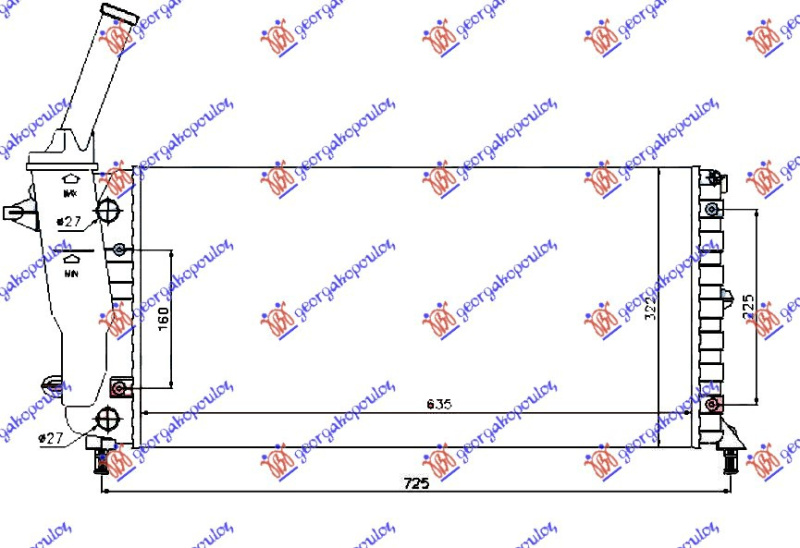 Radiator për motor 1.2 8V/16V (me/pa kondicioner) 00-03 (63,5x32,5)