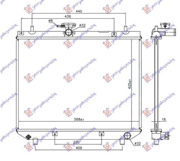 Radiator për motor 1.3 16v (marsh manual) 00- (425x568x16)