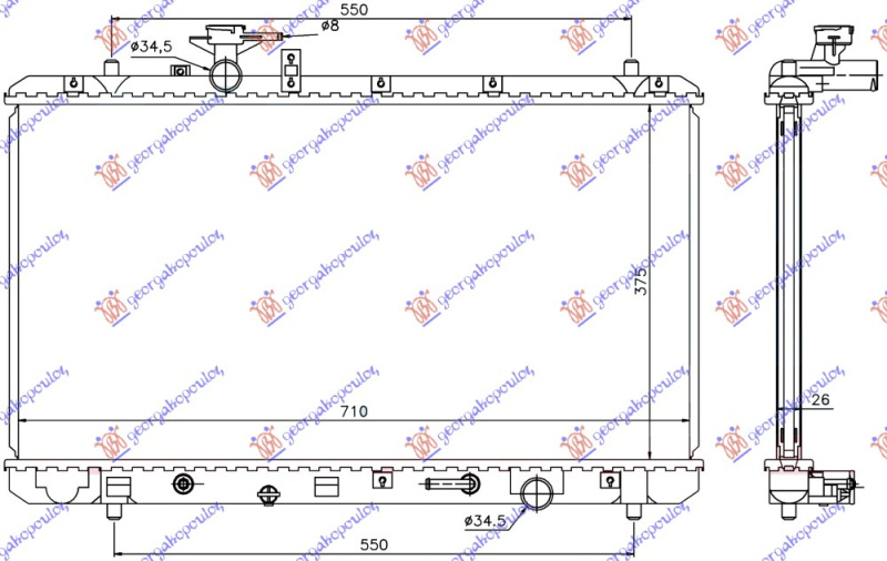 Radiator për motor 2.0 benzinë (marsh manual/automatik) (375x710x26)