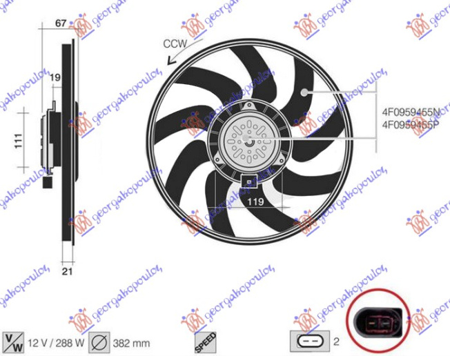 Ventilator (Motor + helikë) 3.0 TFSI benzinë (382mm) (2 pinë)