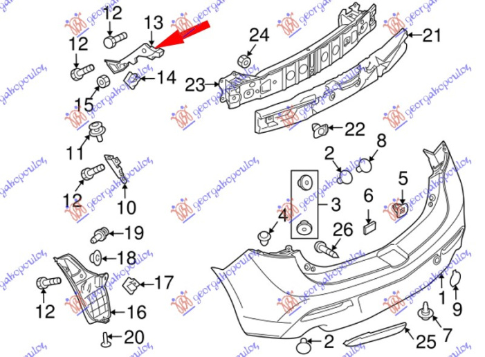 Shtërngues/mbajtës në parakolpin e pasëm anësor plastik 5 dyerë horizontal