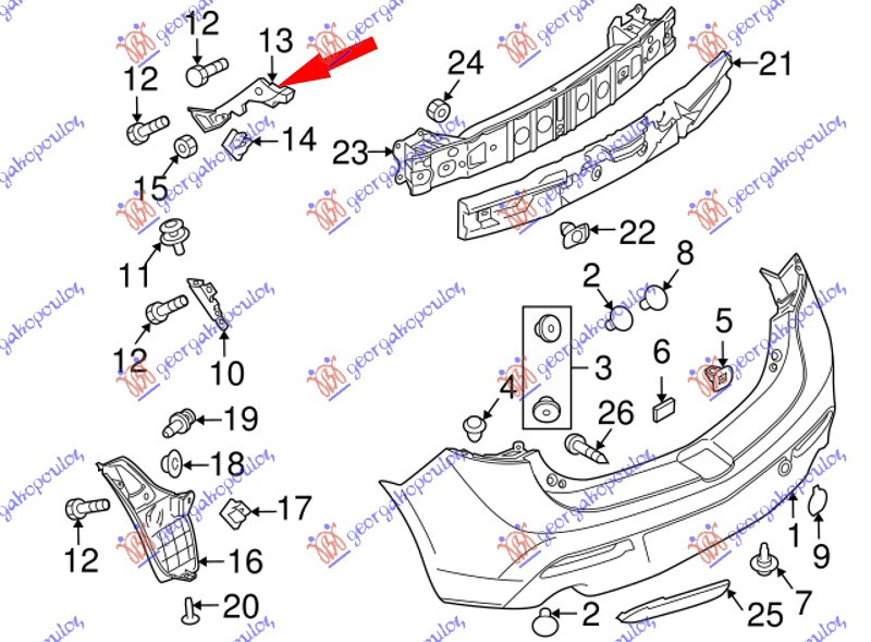 Shtërngues/mbajtës në parakolpin e pasëm anësor plastik 5 dyerë horizontal