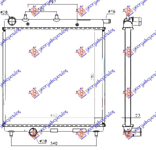 Radiator për motor 1.4 HDi dizel (380x390) (MAHLE BEHR)