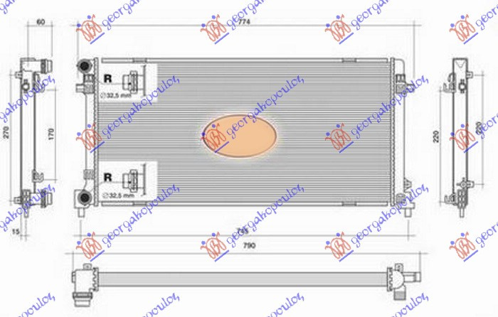 Radiator për motor 1.6 TDi dizel (650x320x32) pa tubë