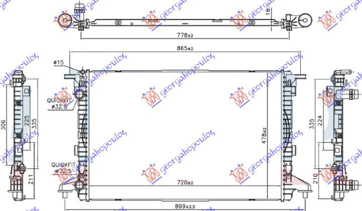 Radiator për motor 1.4 TFSi benzinë - 2.0 TDi dizel (720x480x16) tubë 32/32