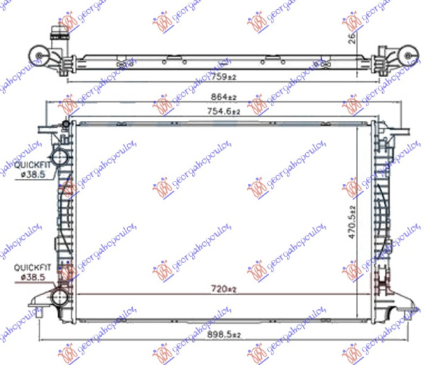 Radiator për motor 2.0 TFSi benzinë (720x480x26) tubë 38/38
