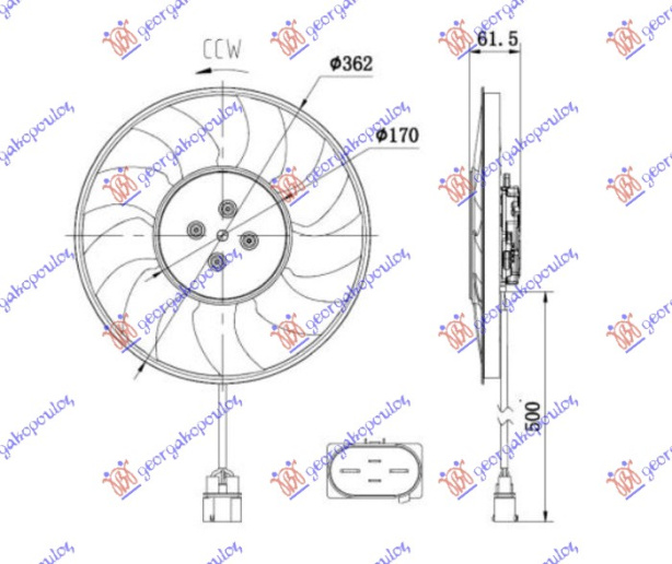 Ventilator (Motor + helikë) 2.0 TFSI benzinë - 3.0-4.0 TDI - 3.0 TDI hibrid dizel (370mm) (400W) (4 pinë) (i majtë)