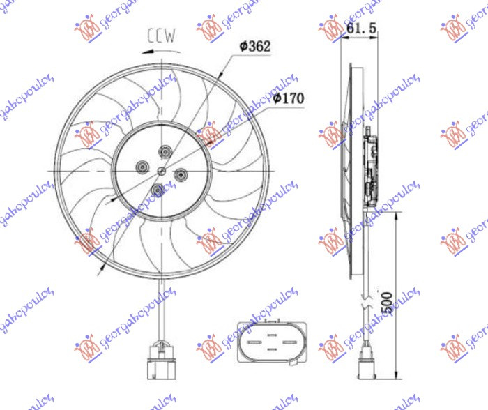 Ventilator (Motor + helikë) 2.0 TFSI benzinë - 3.0-4.0 TDI - 3.0 TDI hibrid dizel (370mm) (400W) (4 pinë) (i majtë)
