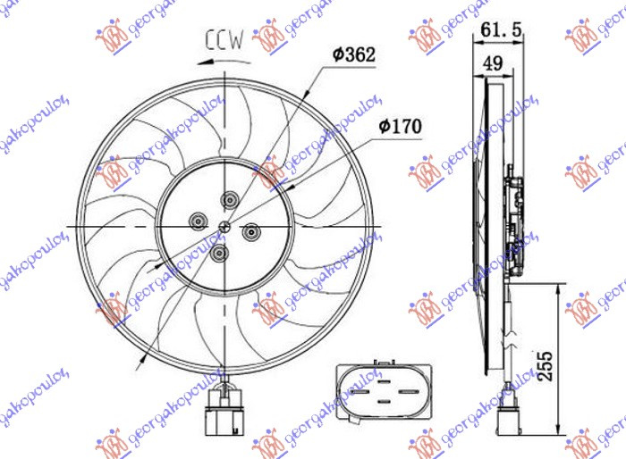 Ventilator (Motor + helikë) 2.0 TFSI benzinë - 3.0-4.0 TDI - 3.0 TDI hibrid dizel (370mm) (400W) (4 pinë) (i djathtë)