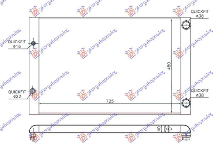 Radiator për motor 3.7-4.2i benzinë (725x480x40) RH tubë