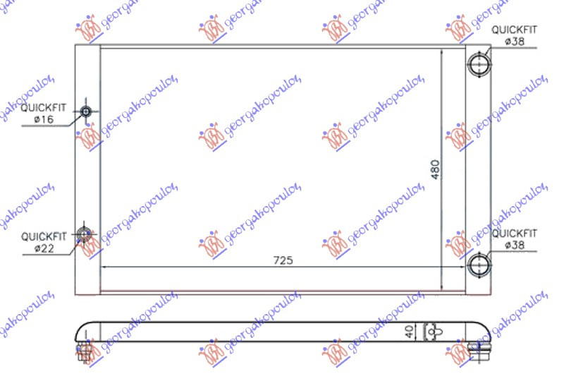 Radiator për motor 3.7-4.2i benzinë (725x480x40) RH tubë