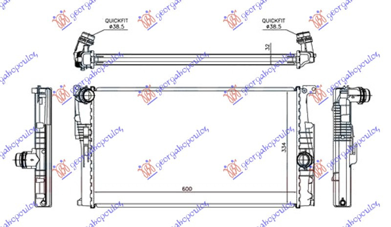 Radiator për motor 1.5/1.6/3.0 (118i/120i/125i/135i-M) benzinë/ 2.0 (120d/125d) dizel (marsh manual) (600x334x32)