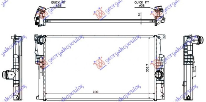 Radiator për motor 1.6 (316i/320i) benzinë/ 2.0 (316d/318d/320d) dizel (marsh manual) (600x339x16) (KOYO)