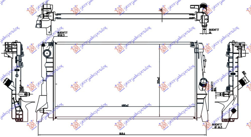 Radiator për motor 1.5 (18i) benzinë (marsh automatik) - 1.5 (16D) dizel (marsh automatik) (680x350x26) (3 tuba)