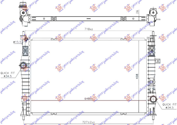 Radiator për motor benzinë/dizel (650x410x26) (tipi CALSONIC)