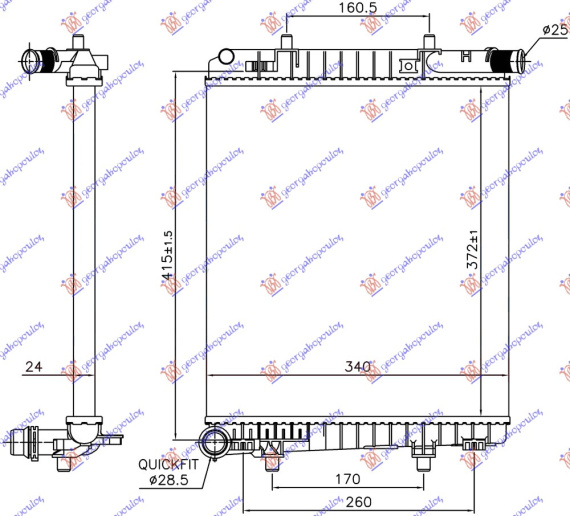 Radiator për motor 1.2 VTi benzinë (marsh manual) (372x340x24)