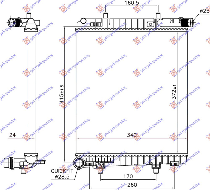 Radiator për motor 1.2 VTi benzinë (marsh manual) (372x340x24)