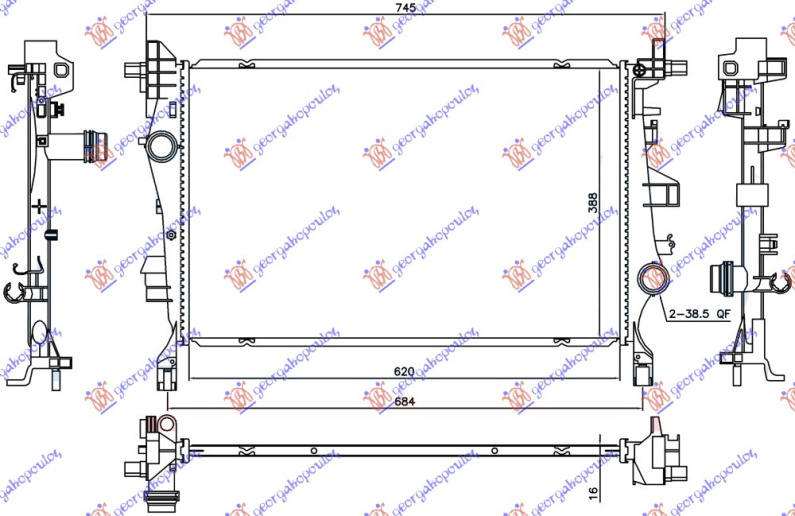Radiator për motor 1.4i TURBO benzinë/1.6 CRD dizel (marsh manual/automatik) (620x388x16)